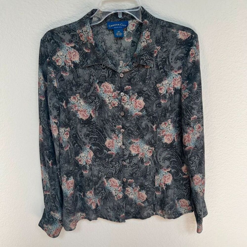 Vintage Charter Club 100% Silk Floral Paisley Long Sleeve Blouse Grey 14P